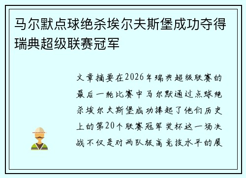 马尔默点球绝杀埃尔夫斯堡成功夺得瑞典超级联赛冠军